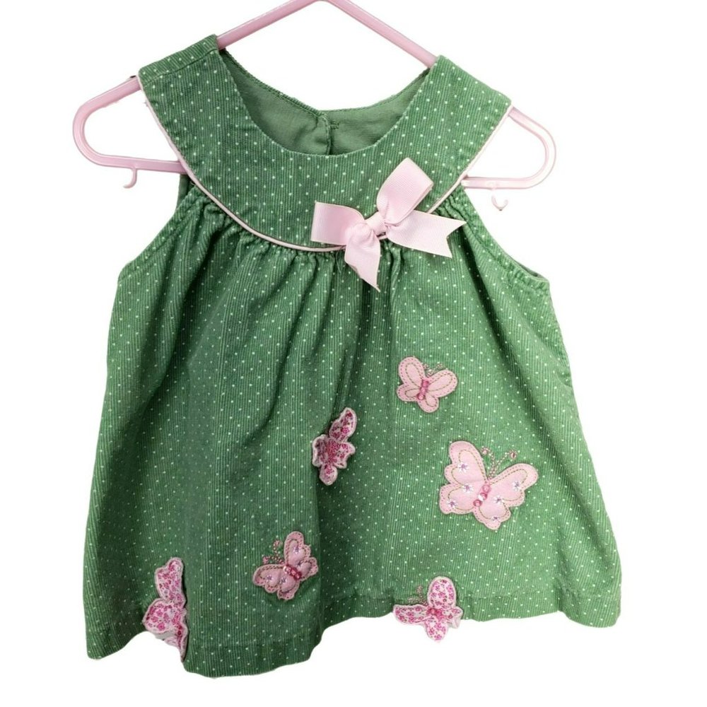 Rare Too Green‎ White Dots Pink Butterfly Corduroy Dress Girl's Size 9 Months